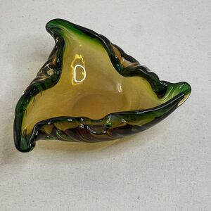 Art Glass Green Amber Triangular Ashtray Murano Style Mid Century Handmade 60s